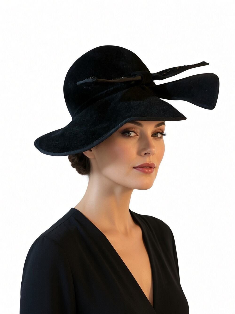 Chapeau Creations Vintage Black Wool Felt Split Brim Formal Hat Size 6-5/8 - XS